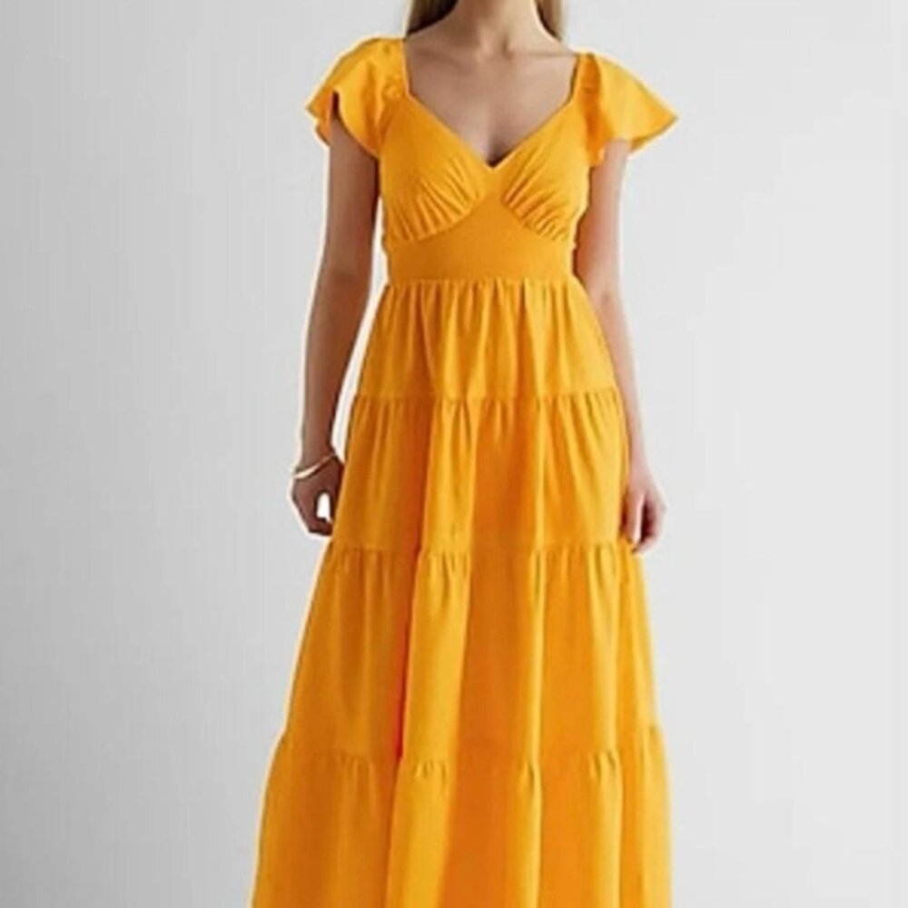 Express Orange Maxi Dress V-Neck Flutter Sleeves
